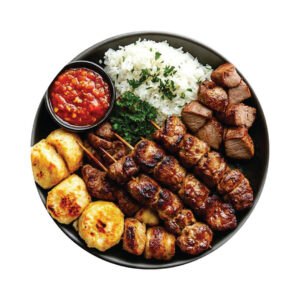 Espetinhos com Arroz e Pão de Alho